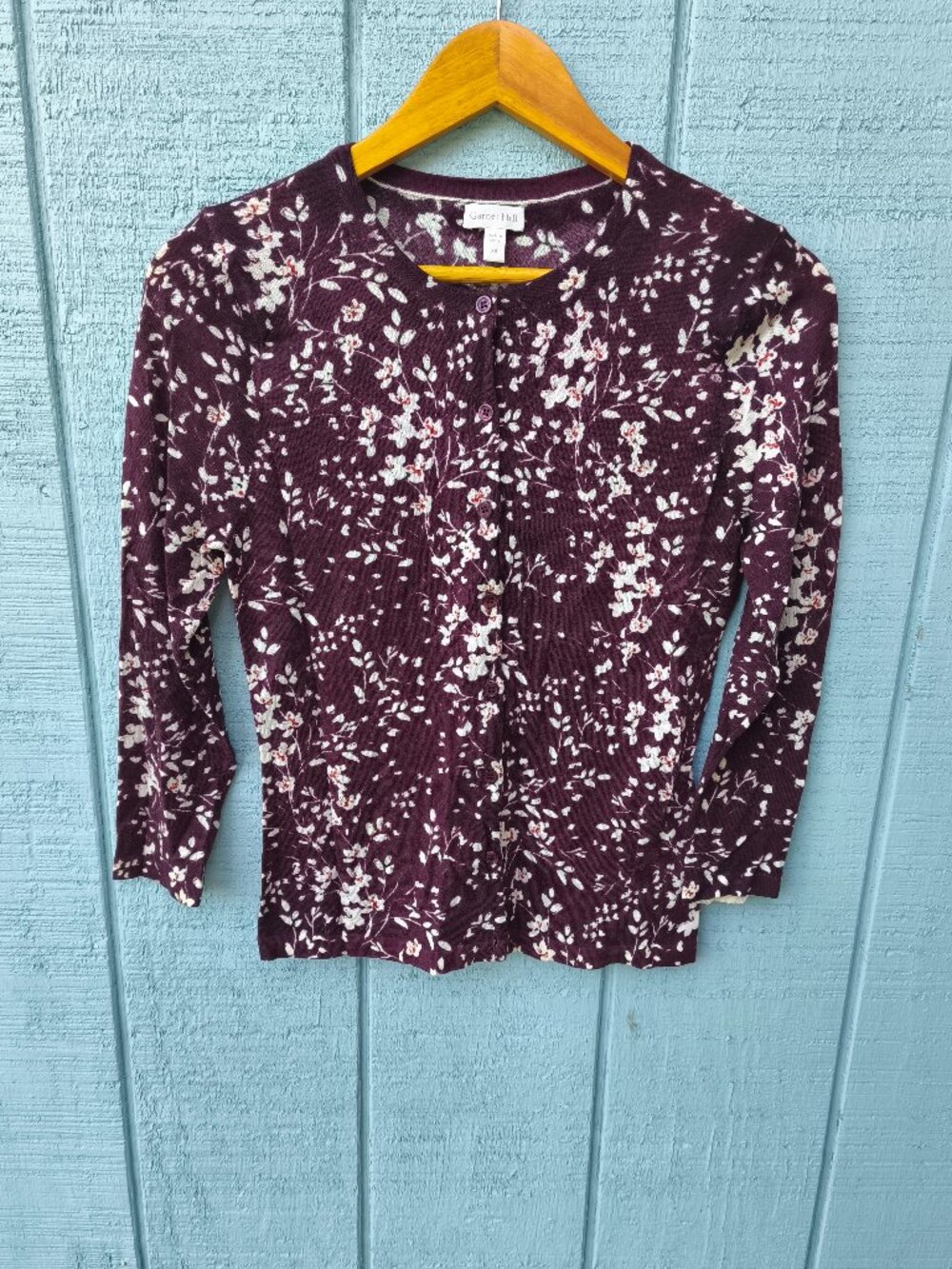 NWOT Garnet Hill 100% Merino Wool Lightweight Sheer Floral Cardigan sz XS Plum